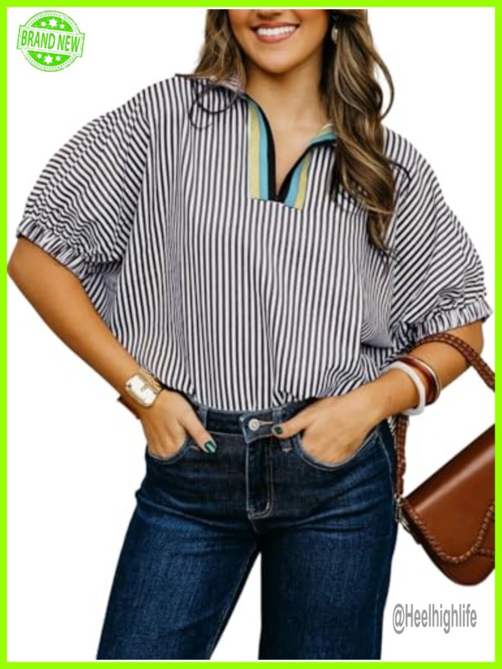 Women's Batwing Dolman Sleeve Striped V-Neck Top Casual Summer